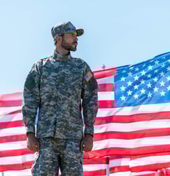 soldier in uniform standing near american flags against blue sky
