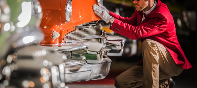 Men Taking Close Look on the Vehicle. American Classic Car Appraisal.