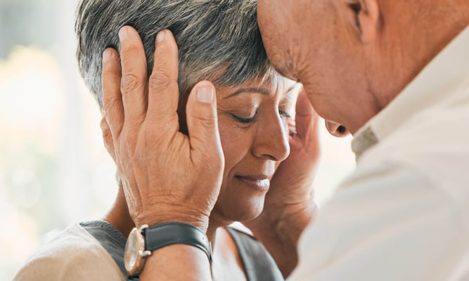 Forehead, marriage and senior couple with love, care and trust with bonding, happiness and peace.