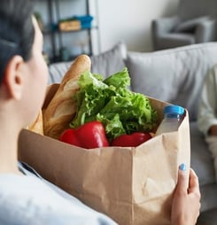 Portrait of female caregiver bringing groceries to senior woman