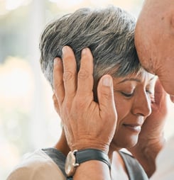 Forehead, marriage and senior couple with love, care and trust with bonding, happiness and peace.